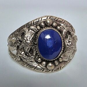 Vintage Handmade India Tibetan Dragon Cuff Bracelet Lapis Lazuli Silvertone Boho